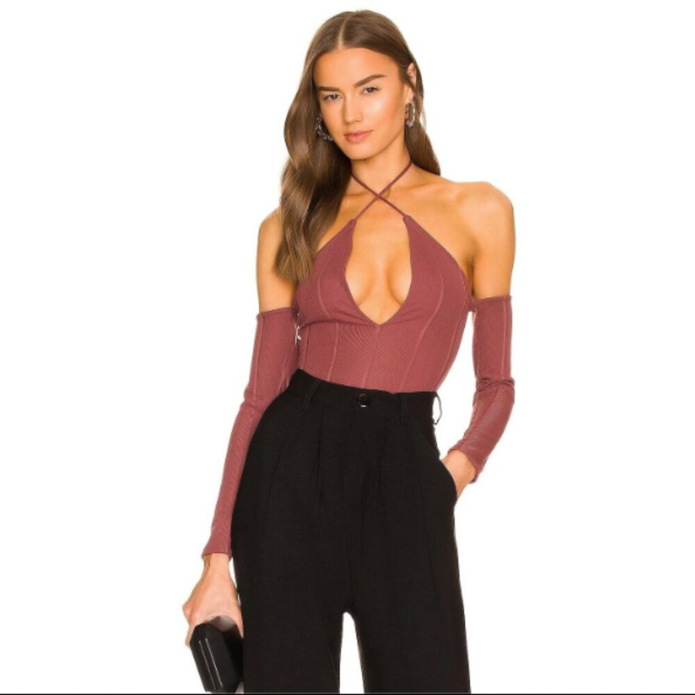 REVOLVE Mauve Cutout Halter Long Sleeve Bodysuit in Mauve color